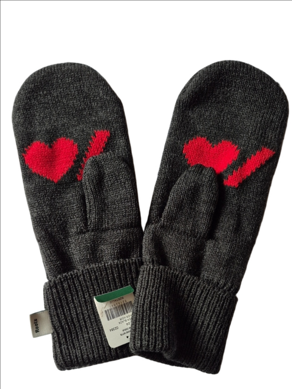 Roots Heart and Stroke Knit Mitts Charcoal Grey One Size NWT